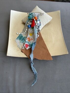 Bohemian Beaded Textile Safety Pin Brooch Tassel Key Charm Lace Vintage Fun Art